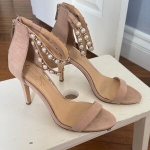 Jessica Simpson Blush Pearl-Embellished Ankle-Strap Heels